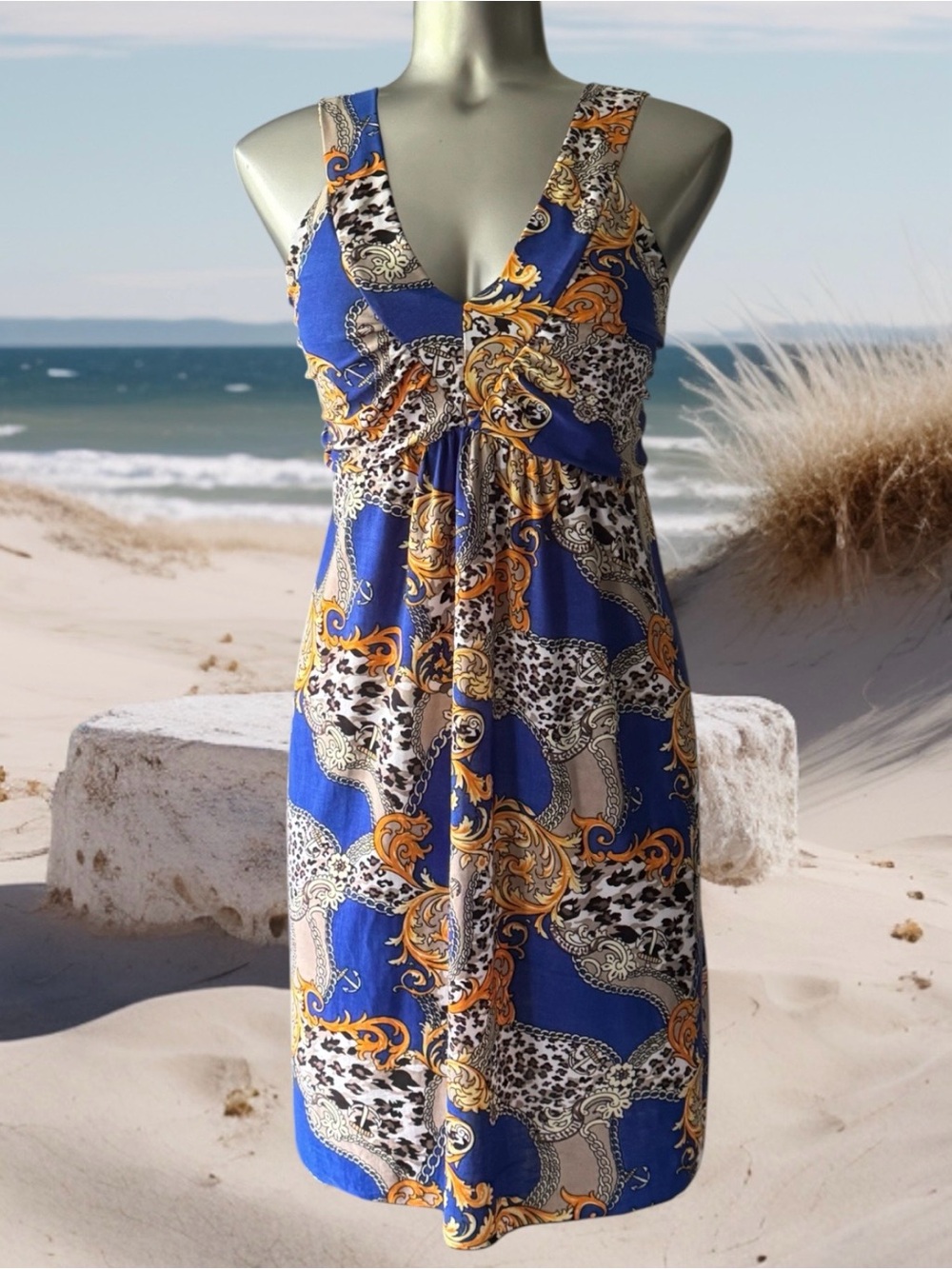 ✅ Vintage Blue and Gold Printed V-Neck Midi Dress